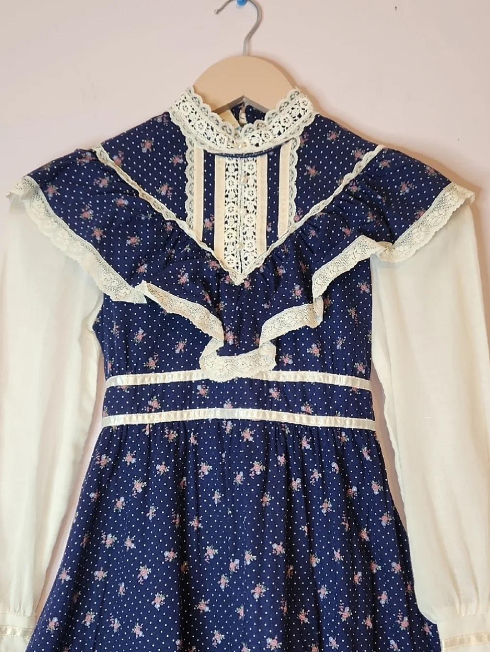 VTG 1970s Gunne Sax prairie-style dress, blue floral calico print, size 10